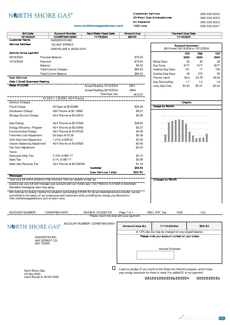 USA Illinois North Shore Gas business utility bill template in Word and PDF formats